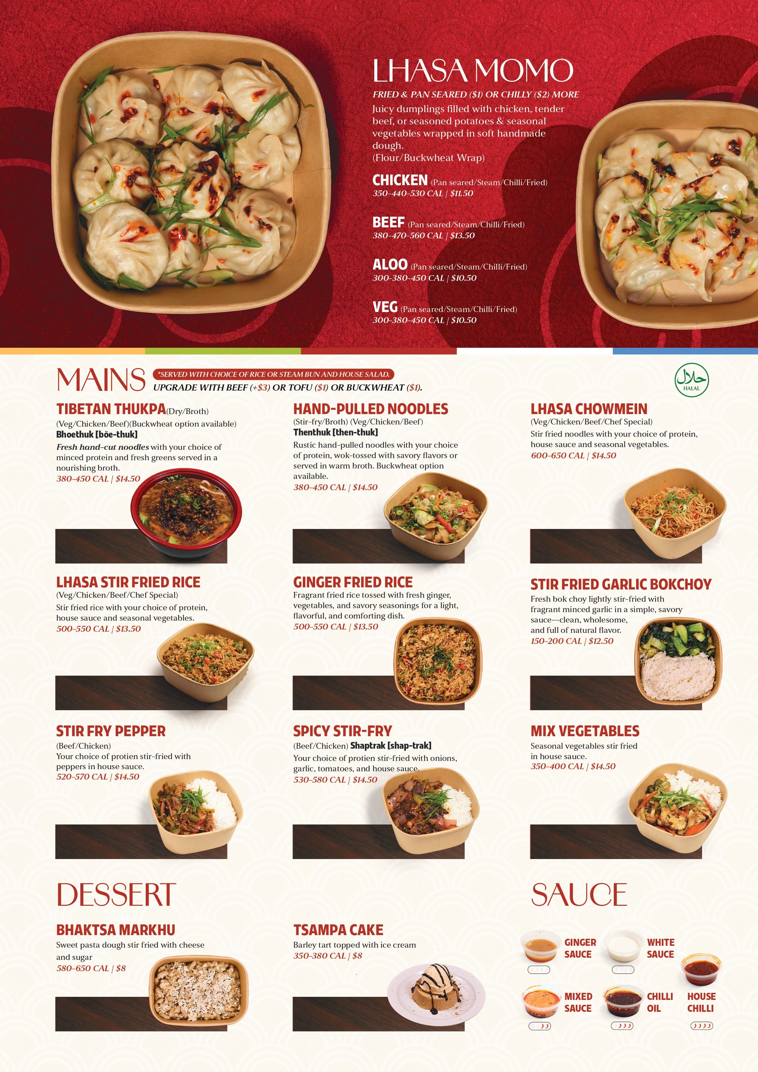 Tibet Tiffin menu page 2: Lhasa momo, mains including thukpa, thenthuk, chowmein, fried rice, stir-fried bokchoy and vegetables, dessert, and sauces, with prices and calories